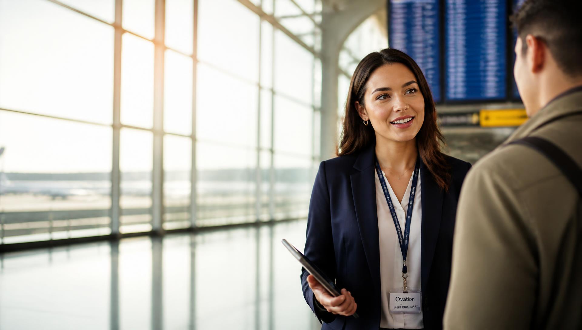 Sales consultant in a navy blazer talking with a traveller inside a bright international airport terminal